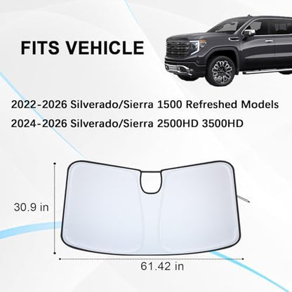 Windshield Sun Shade for 2022-2026 Refreshed Chevy Silverado 1500/GMC Sierra 1500, 2024-2026 Silverado/Sierra 2500HD 3500HD Front Windshiled Sun Visor UV Protection Foldable Sunshade - Image 4