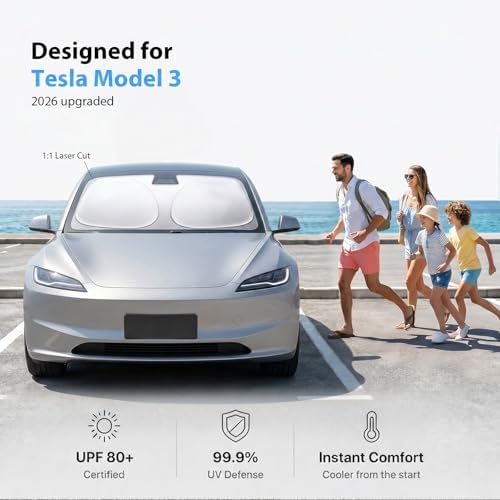 2026 Upgraded Windshield Sun Shade for Tesla Model 3 [Precision Custom Fit, Superior UV & Heat Block] Cooling Tech Fabric, Durable Foldable with Storage Bag, Fits 2017-2026 - Image 2