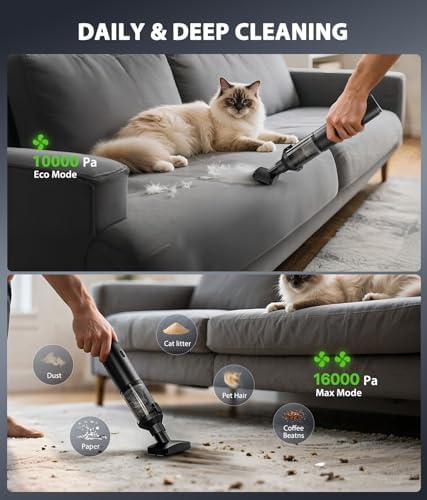 Car Vacuum Portable Cordless Handheld Vacuum Cleaner 4-in-1 Mini Cordless Vacuum with 2 Suction Modes and 16800pa Suction Power Blowing & Inflating 2 Modes Handheld Vacuum for Car, Desk, Keyboards - Image 5