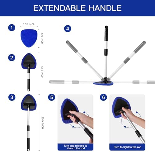 Qydipclin 10pcs Windshield Cleaner Tool, Car Window Cleaning Wash Kit with 4 Reusable Microfiber Pads 1 Spray Bottle and Extendable Handle Auto Glass Wiper Kit, Blue - Image 5