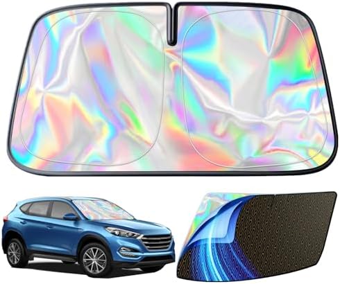 GWUSKDT Foldable Windshield Sunshade Iridescent Heat Shield with Reflective Polyester Fabric UV Protection Car Sun Shade with Memory Steel Frame Keeps Interior Cool & Protects Dashboard (58 x 31 in) by CarSunshade