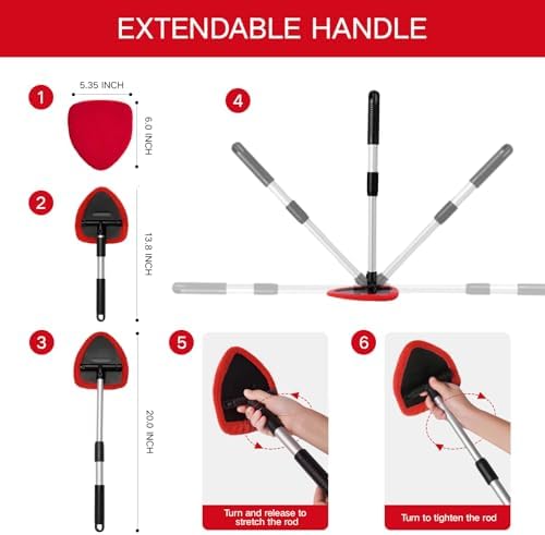 Qydipclin 11pcs Windshield Cleaner Tool, Car Window Cleaning Wash Kit with 6 Reusable Microfiber Pads 2 Spray Bottles and Extendable Handles Auto Glass Wiper Kit, Red - Image 4