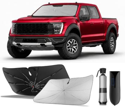 Zanch Windshield Sun Shade Umbrella for F-150/ F-250/ F-250 2011-2026 [99% UV Protection, Up to 75℉ Cooler] Snug Fit, Sturdy Frame, Scratch-Free Interior, Foldable Front Sunshade Umbrella by Zanch