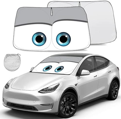 Gven Windshield Sun Shade for 2017-2026 Tesla Model Y/Model 3 Sunshade Accessories Foldable Sunshade (Fit 2025-2026 Model Y Juniper / 2024 Model 3 Highland) Blocks UV Rays Keep Car Cool (Grey Eyes) by Gven