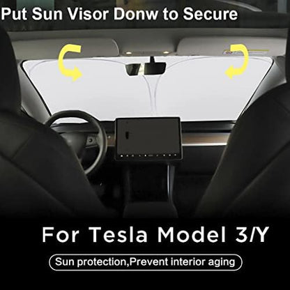 Gven Windshield Sun Shade for 2017-2026 Tesla Model Y/Model 3 Sunshade Accessories Foldable Sunshade (Fit 2025-2026 Model Y Juniper / 2024 Model 3 Highland) Blocks UV Rays Keep Car Cool (Black Eyes) - Image 6