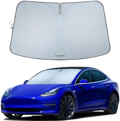 Magnelex Tesla Windshield Sun Shade for Model 3 and Model Y 2017-2026 - Reflective 240T Material Sun Shade with Mirror Cut-Out | Foldable Sunshade by Magnelex