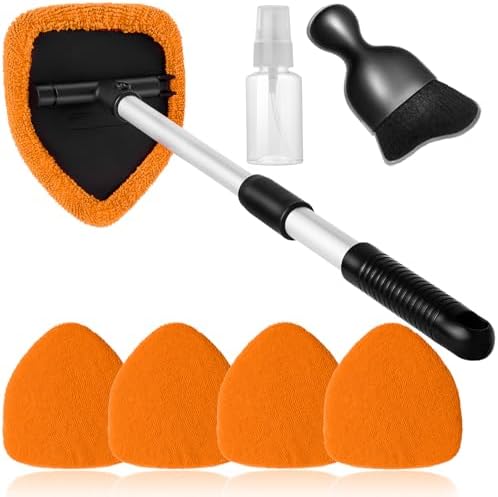 Qydipclin 7pcs Windshield Cleaner Tool Car Window Cleaning Wash Kit with 4 Reusable Microfiber Pads 1 Spray Bottle and Extendable Handle Auto Glass Wiper Kit, Orange - Image 7