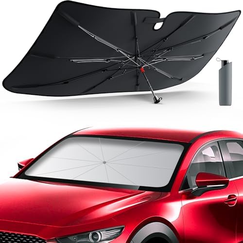 DMJN Umbrella Windshield Sun Shade for Car, Car Sunshade for Front Windshield [Nano Ice-Crystal Coatings] UPF50+ Heat & UV Block, Protect Interior & Keep Cooler Universal for Compact Sedan & SUV by DMJN