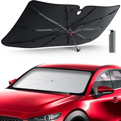 DMJN Umbrella Windshield Sun Shade for Car, Car Sunshade for Front Windshield [Nano Ice-Crystal Coatings] UPF50+ Heat & UV Block, Protect Interior & Keep Cooler Universal for Compact Sedan & SUV by DMJN