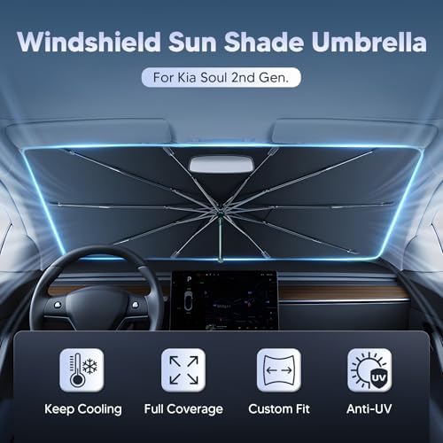 Autorder Umbrella Windshield Sun Shade for 2014-2019 Kia Soul Sunshade Accessories,Upgraded Ice Crystal Material, Windshield Umbrella Front Window Sunshade, Foldable Block UV Rays Keep Car Cool - Image 2