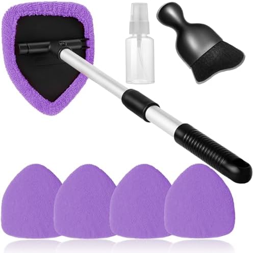 Qydipclin 7pcs Windshield Cleaner Tool Car Window Cleaning Wash Kit with 4 Reusable Microfiber Pads 1 Spray Bottle and Extendable Handle Auto Glass Wiper Kit, Purple by Qydipclin
