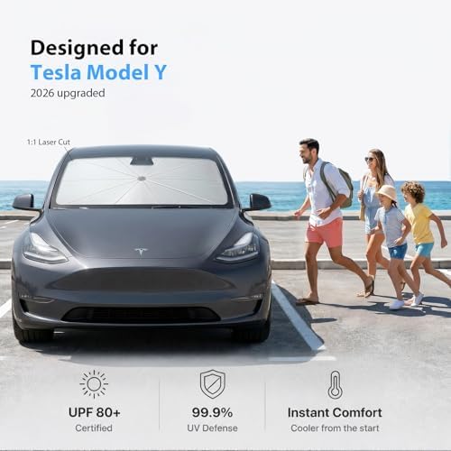2026 Upgraded Windshield Sun Shade Umbrella for Tesla Model Y [Precision Custom Fit, Superior UV & Heat Block] Cooling Tech Fabric, Durable Foldable with Storage Bag, Fits 2020-2026 - Image 2