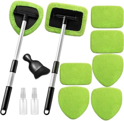 Qydipclin 11pcs Windshield Cleaner Tool, Car Window Cleaning Wash Kit with 6 Reusable Microfiber Pads 2 Spray Bottles and Extendable Handles Auto Glass Wiper Kit, Green by Qydipclin