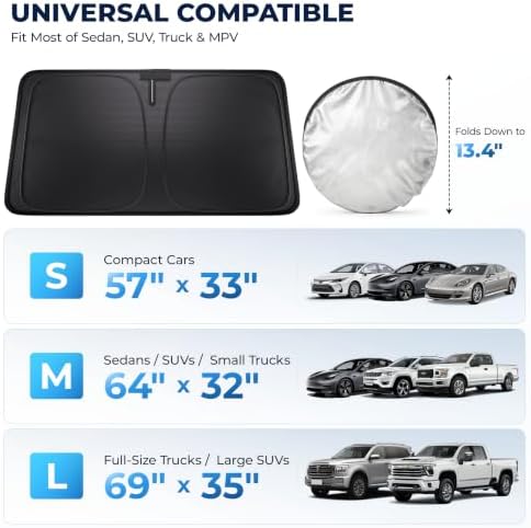 DMJN Front Windshield Sun Shade for Universal Small Size, [Nano Ice-Crystal Coatings] UPF50+ Heat & UV Block, Protect Car Interior & Keep Cool, Flodable Steel-Ring Car Cover for Summer - Image 6