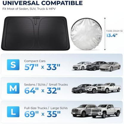 DMJN Front Windshield Sun Shade for Universal Small Size, [Nano Ice-Crystal Coatings] UPF50+ Heat & UV Block, Protect Car Interior & Keep Cool, Flodable Steel-Ring Car Cover for Summer - Image 6