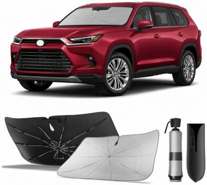 Zanch Windshield Sun Shade Umbrella: Custom Fit for Toyota Grand Highlander & Highlander [Interior Protection, Up to 75℉ Cooler] Reflective Heat Shield, Scratch-Free, Foldable Front Sunshade Umbrella by Zanch