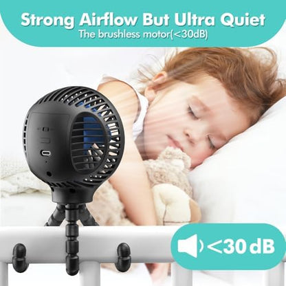 Portable Stroller Fan, USB or Rechargeable Battery Operated with 3 Speeds and 360°Rotate, Cooling Clip On for Baby Crib Travel Car Seat Black - Image 6