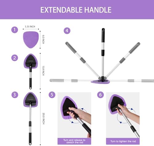 Qydipclin 10pcs Windshield Cleaning Tool Inside Car Window Cleaner Wash Kit with 4 Reusable Microfiber Pads 1 Spray Bottle and Extendable Handle Interior Auto Glass Wiper Kit, Purple - Image 5