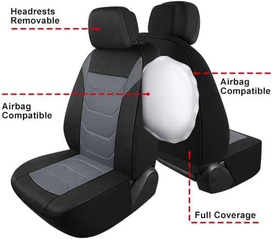 Pariiaotin 3D Air Mesh Car Seat Cover Full Sets Washable and Breathable Premium Cloth Automotive Vehicle Seat Covers for Cars Interior, Universal Fit for Most Cars, Sedan, Truck, SUV(Black/Gray) - Image 5