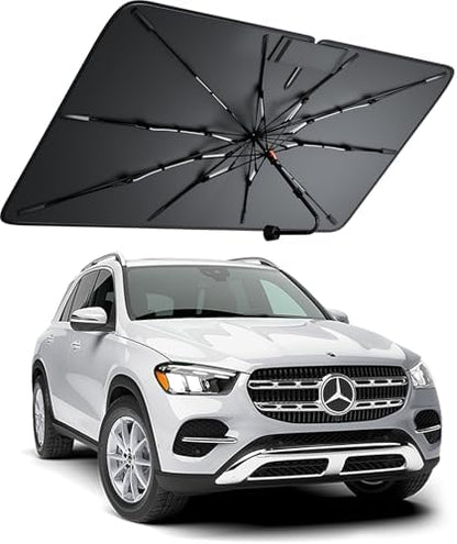 Windshield Sun Shade for Mercedes Benz GLE300/300/350/450/550 2000–2026, Foldable Umbrella Sunshade with 100% UV Block, Multi-Layer Heat Insulation, Reinforced 10-Rib Frame, Keeps Car Cooler by Amadaw