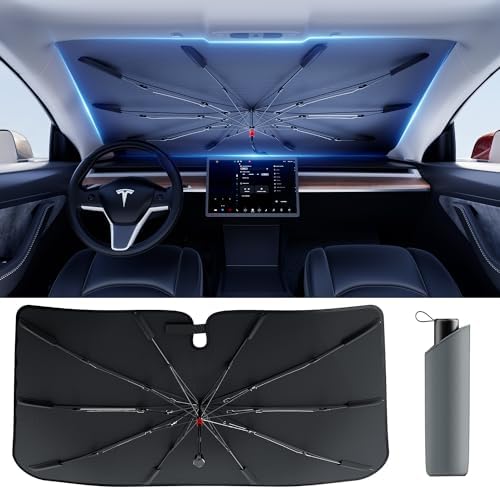 DMJN Umbrella Windshield Sun Shade for Tesla New Model Y Juniper, Y & 3 (2016-2026), Car Sunshade for Front Windshield [Nano Ice-Crystal Coatings] UPF50+ Heat & UV Block, Protect Interior & Keep Cool by DMJN