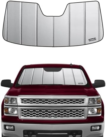 Windshield Sun Shade for Chevy Silverado GMC Sierra 1500 2014-2018, 2500/3500HD 2015-2019 & Sierra Limited 2019, Fits Models with Lane Departure Warning, Premium Grey Leather Finish by Pigenius