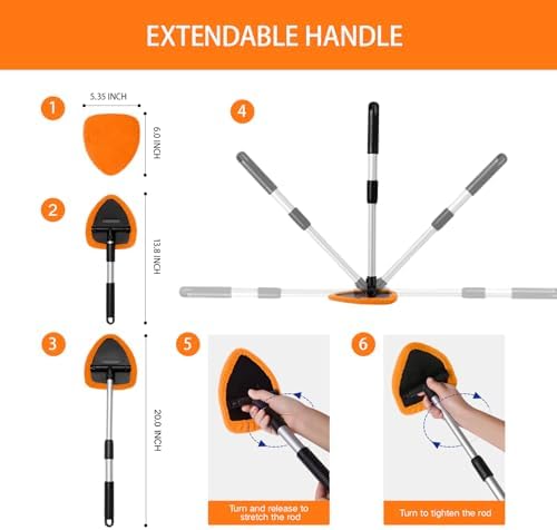 Qydipclin 11pcs Windshield Cleaner Tool, Car Window Cleaning Wash Kit with 6 Reusable Microfiber Pads 2 Spray Bottles and Extendable Handles Auto Glass Wiper Kit, Orange - Image 2
