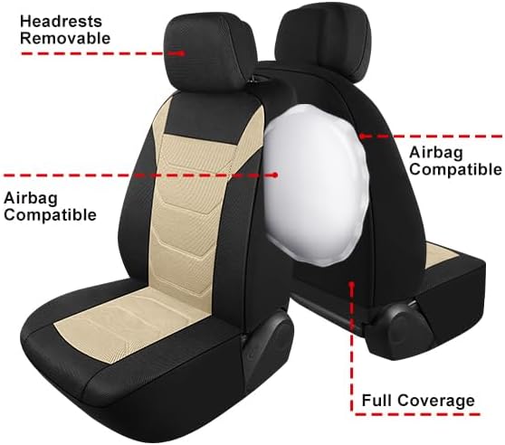 Pariiaotin 3D Air Mesh Car Seat Cover Front Sets Washable and Breathable Premium Cloth Automotive Vehicle Seat Covers for Cars Interior, Universal Fit for Most Cars, Sedan, Truck, SUV(Black/Beige) - Image 6