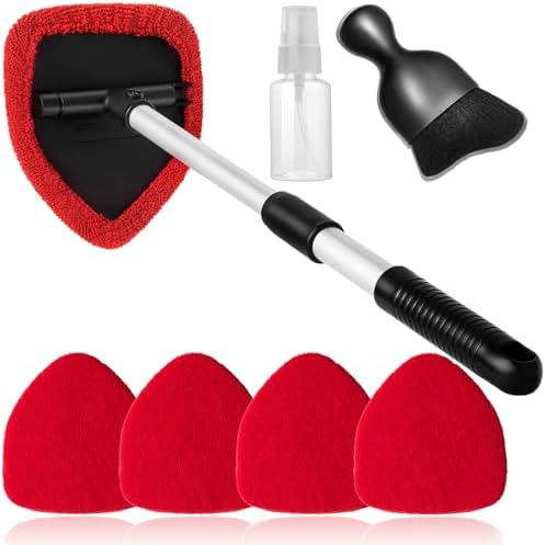 Qydipclin 7pcs Windshield Cleaner Tool Car Window Cleaning Wash Kit with 4 Reusable Microfiber Pads 1 Spray Bottle and Extendable Handle Auto Glass Wiper Kit, Red - Image 7