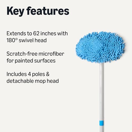 Amazon Basics Car Wash Brush with Long Handle, Scratch-Free Microfiber Mop Mitt, Swivel Head, Detachable Head, Extends to 62 inches with 4 Poles, for Car RV Truck, Blue, 62 inches (Pack of 10) - Image 2