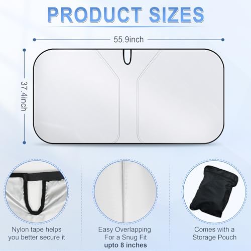 SINGARO 300T Universal Car Windshield Sun Shade, Foldable Reflective for Windshield & Window Shades with Overlapping Design, Car Interior Accessories (55.9" L x 37.4" W) - Image 2