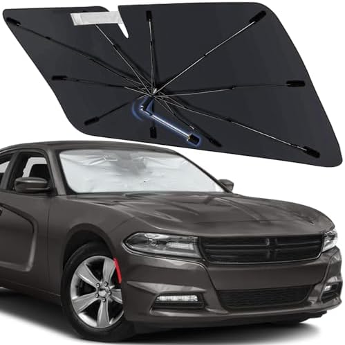 Windshield Sun Shade Umbrella for Dodge Charger 2011-2024, Foldable Front Window Sunshade with 360° Rotating Shaft, Custom Fit Car Shades for Charger Accessories with UV & Heat Protection by Visufy