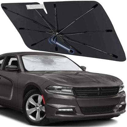Windshield Sun Shade Umbrella for Dodge Charger 2011-2024, Foldable Front Window Sunshade with 360° Rotating Shaft, Custom Fit Car Shades for Charger Accessories with UV & Heat Protection by Visufy