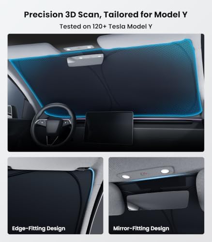 Zanch Custom Windshield Sun Shade for Tesla Model Y 2020-2026, Heat & UV Protection, 100% Light Blocking, 3D Scanned Fit, Interior Protection, Keeps Cabin Cooler, Foldable Tesla Accessories - Image 2
