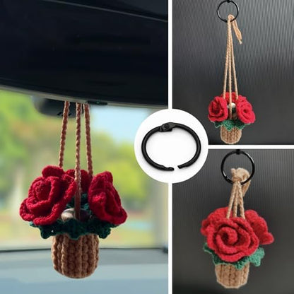 Crochet Car Charm With Empty Refillable Oil Diffuser Bottle. Crochet Plant for Car Rearview Mirror Decor, Handmade Home and Office Decor (Rose) - Image 4