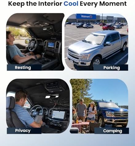 Zanch Windshield Sun Shade Umbrella for F-150/ F-250/ F-250 2011-2026 [99% UV Protection, Up to 75℉ Cooler] Snug Fit, Sturdy Frame, Scratch-Free Interior, Foldable Front Sunshade Umbrella - Image 5