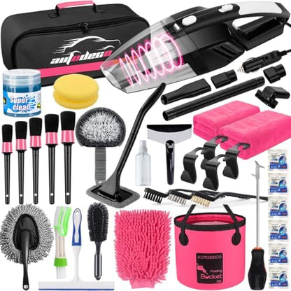 41Pcs Car Cleaning Wash Kit Interior Detailing Cleaner Kit with High Power Handheld Vacuum, Collapsible Bucket, Windshield Tool, Snow Shovel, Tire Brush, Complete Car Care Tools, Pink by AUTODECO