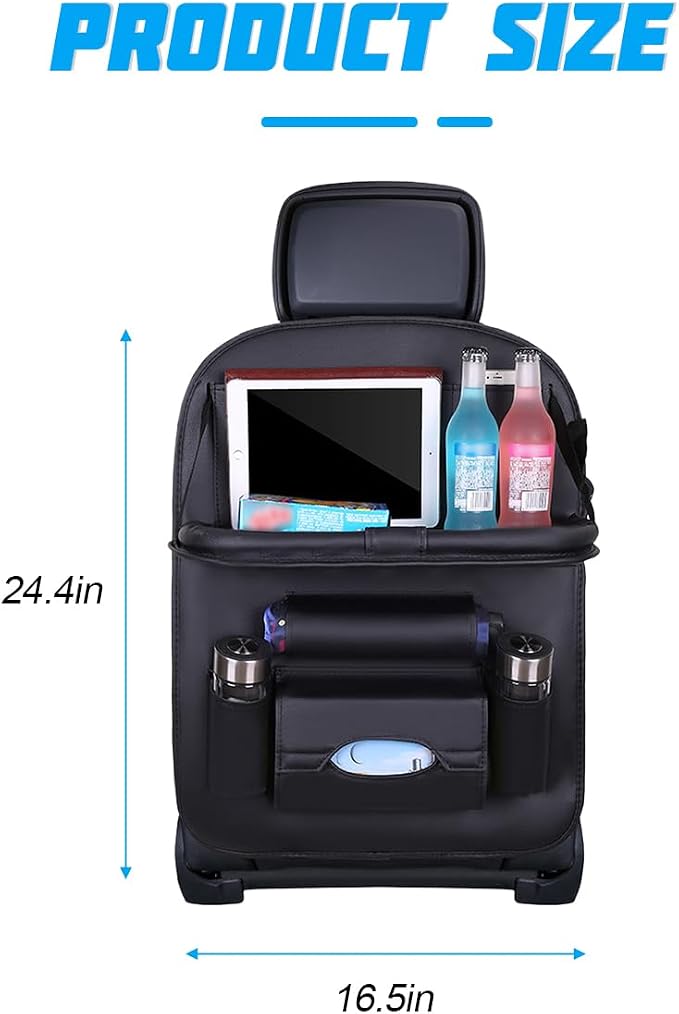 Leather Seat Back Organizer with Foldable Table Tray, Black | kick-mat function, rear-seat protective surface, multifunctional use, fits most cars SUVs and trucks, interior item - Image 2