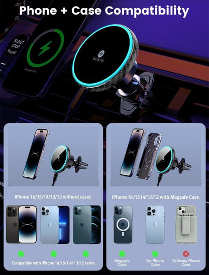 for Magsafe Car Mount Charger 15W LED RGB Car Phone Holder for Dash Vent | HandsFree Magnetic Wireless Car Charger Car Mount Fast Car Charger for iPhone 17 16 15/14/13/12 Series Carbon Fiber - Image 3