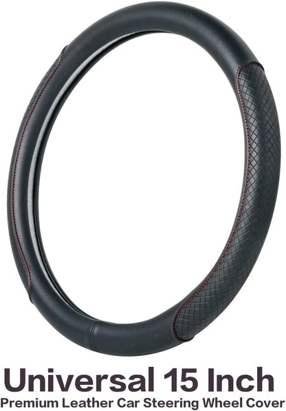 Steering Wheel Cover - Microfiber Leather, Classic Embossing, Anti-Slip Breathable, Fit 15 Inch (Black & Red Line) - Image 2