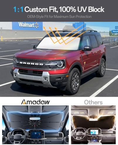 Windshield Sun Shade for Ford Bronco Sport 2021–2026, Foldable Umbrella Sunshade with 100% UV Block, Multi-Layer Heat Insulation, Reinforced 10-Rib Frame, Keeps Car Cooler - Image 3