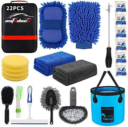 22Pcs Car Wash Cleaning Tools Kit Car Detailing Set with Black Canvas Bag Collapsible Bucket Wash Mitt Sponge Towels Tire Brush Window Scraper Duster Complete Interior Car Care Kit by AUTODECO