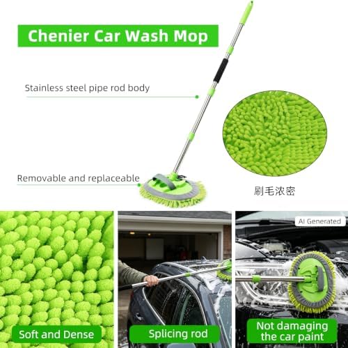 62" Car Wash Brush with Long Handle Chenille Microfiber Car Wash Mop Mitt, Wheel Brush, Windshield Window Squeegee, Car Duster Microfiber Towel, Gloves, Drill Brush, for Cleaning Cars RV Truck Boat - Image 4