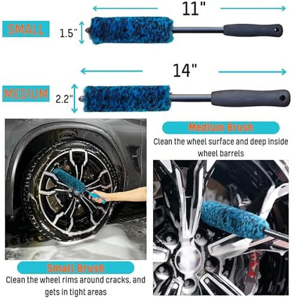 oesee Professional 4 Pack Long Handle Wheel Brush Kit for Cleaning Wheel and Tire- 2X Soft Wheel Cleaning Brush, Detailing Brush and Stiff Tire Brush, Bendable& Durable Wheel Rim Cleaner Brush Set - Image 3