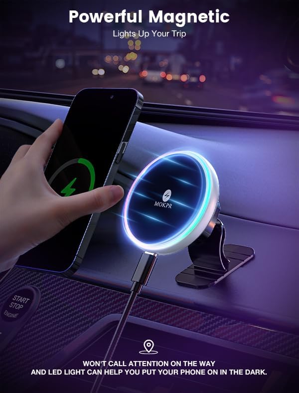 for Magsafe Car Mount Charger 15W LED RGB Car Phone Holder for Dash Vent | HandsFree Magnetic Wireless Car Charger Car Mount Fast Car Charger for iPhone 17 16 15/14/13/12 Series Silver - Image 5