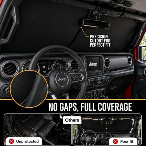 Zanch Large Windshield Sun Shade for Jeep Wrangler 2018-2026, 7-Layer Heat & UV Shield, 100% Light Blocking, 3D Scanned Custom Fit, Interior Protection, Keeps Cabin Cooler, Foldable SUV Accessories - Image 3