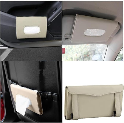 YVPSI Car Tissue Holder Sun Visor Napkin Holder with Tissue (Beige) | Refill Car Mask Holder PU Leather Tissue Box Tissue Box Holder Hanging Tissue Holder Mask Dispenser for Car - Image 3