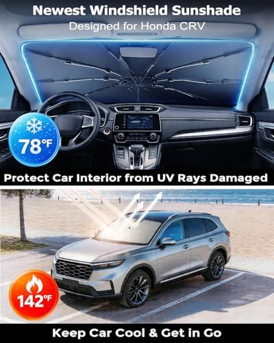 DMJN Umbrella Windshield Sun Shade for Honda CRV (2008-2026), Car Sunshade for Front Windshield [Nano Ice-Crystal Coatings] UPF50+ Heat & UV Block, Protect Interior & Keep Cooler - Image 2