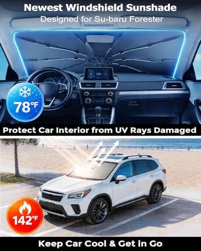 DMJN Umbrella Windshield Sun Shade for Su-baru Forester (2007-2026), Car Sunshade for Front Windshield [Nano Ice-Crystal Coatings] UPF50+ Heat & UV Block, Protect Interior & Keep Cooler - Image 2