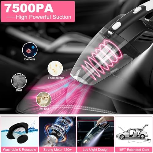 20Pcs Car Cleaning Wash Kit Interior Detailing Cleaner Kit with High Power Handheld Vacuum, Brush Set, Windshield Tool, Duster, Towels, Complete Car Care Tools, Pink - Image 2